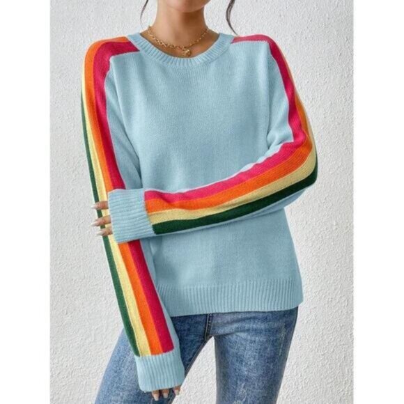 Women's Colorful Rainbow Striped Casual Crewneck Sweater Long-SleeveTops - Picture 4 of 6